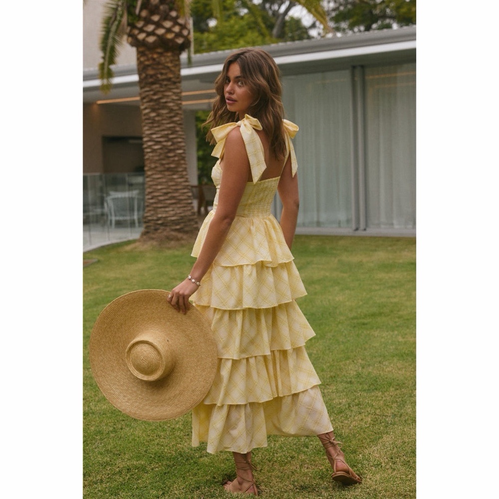 Sofie the Label Dalia Yellow Gingham Tiered Maxi Dress